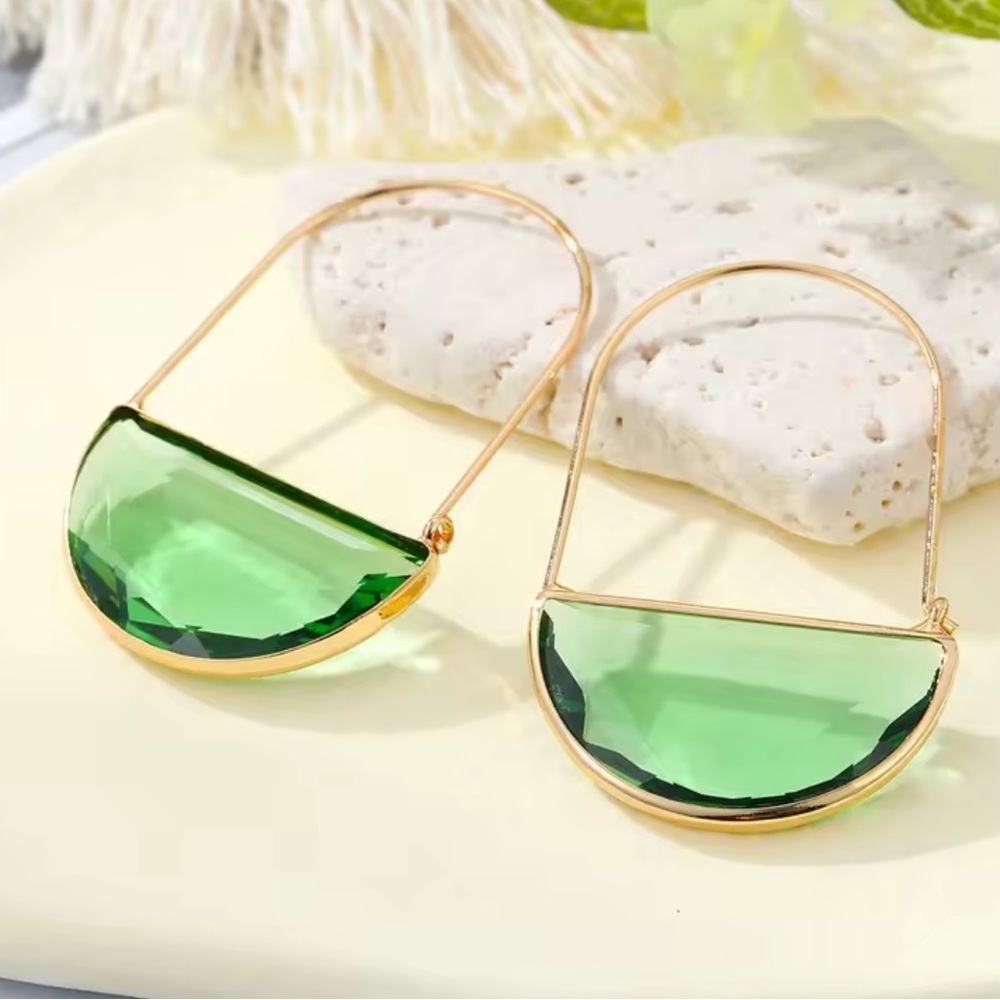 Anthropologie Light Green Glass Crescent Hoop Gold Earrings - Picture 2 of 6